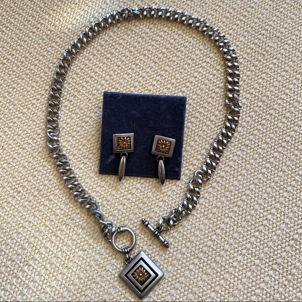Silvertone floral chain necklace/earrings set NWT
